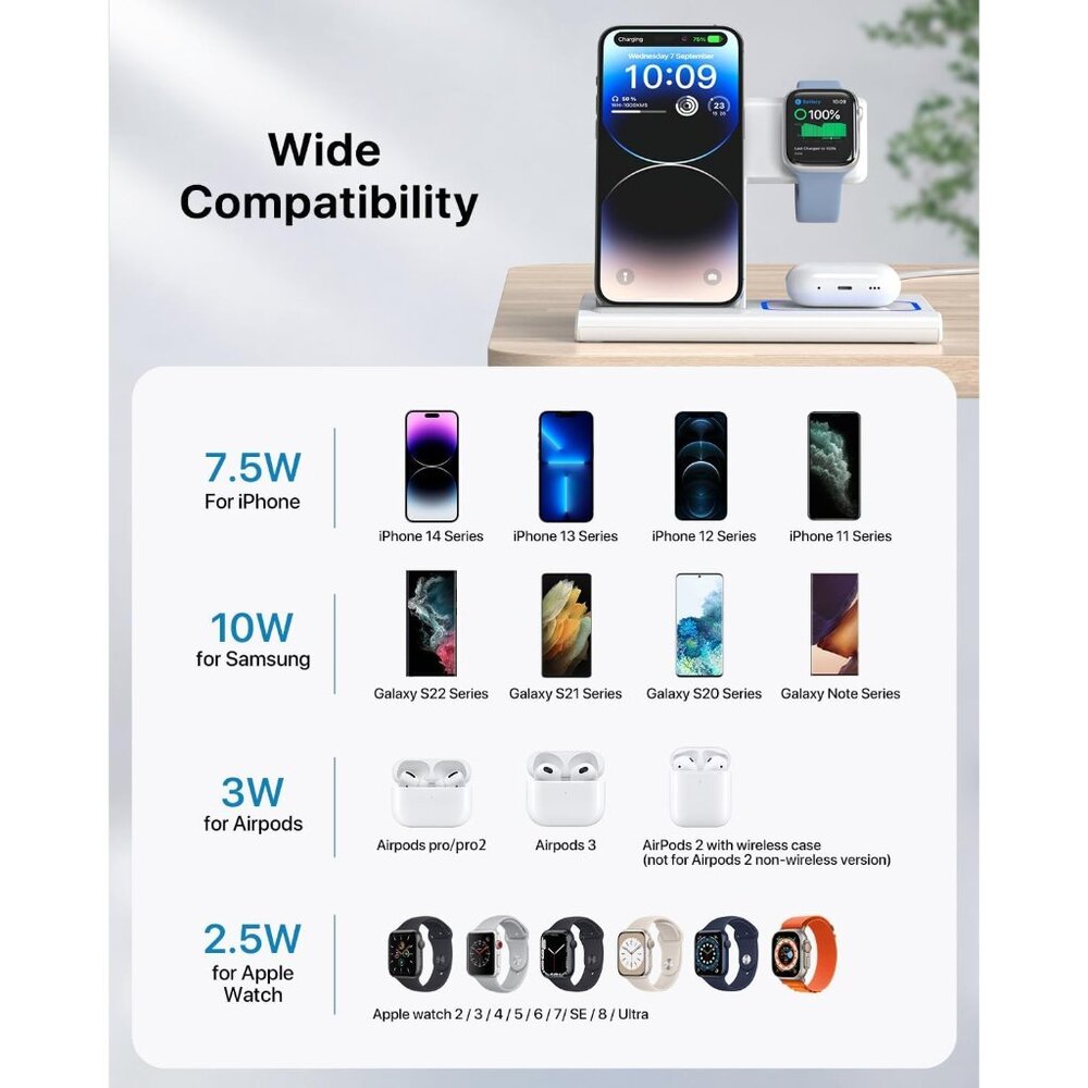 3 in 1 Wireless Charging Station for iPhone 14 13 12 11 Apple Watch 8-2 AirPods - Picture 7 of 7